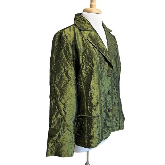 Chicos Blazer size 1 M Olive Green Crinkled Satin Metallic Evening Jacket - Picture 2 of 6